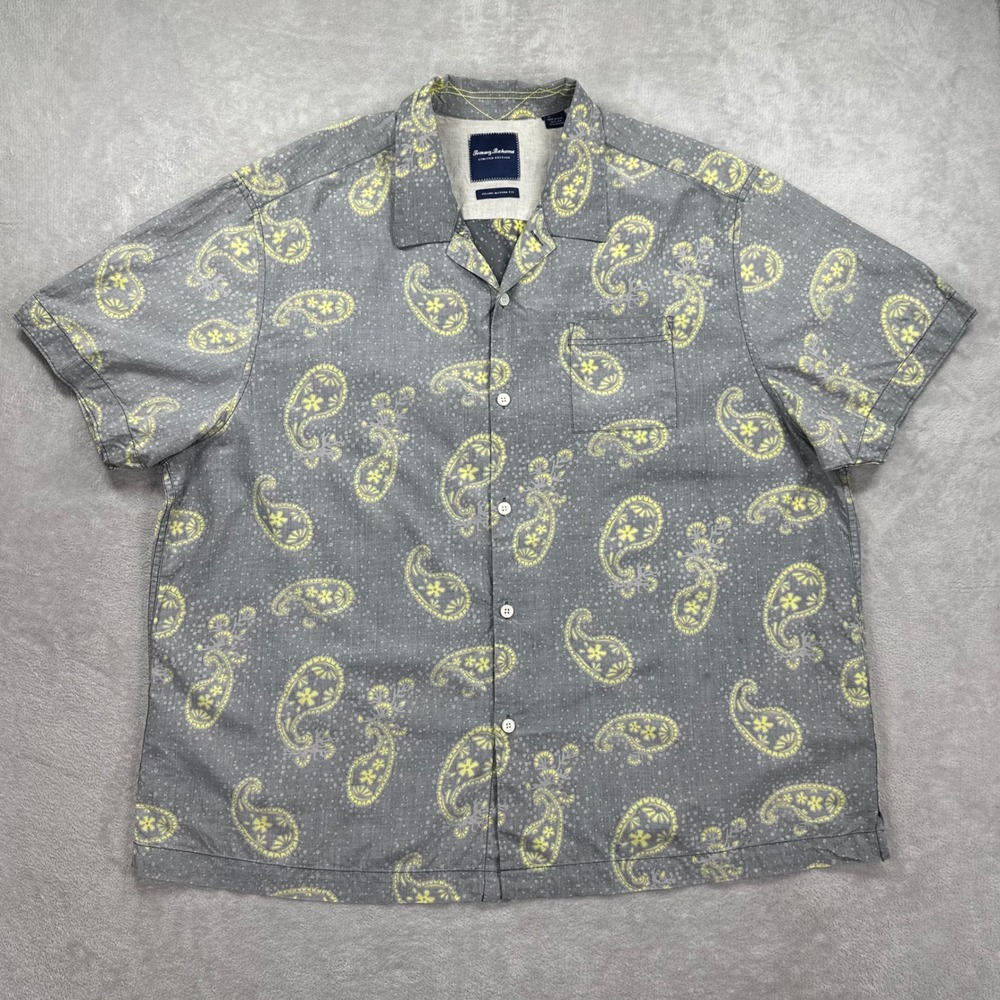 Tommy Bahama Button Down Shirt Mens XXL Grey Yellow Paisley Silk Blend Summer
